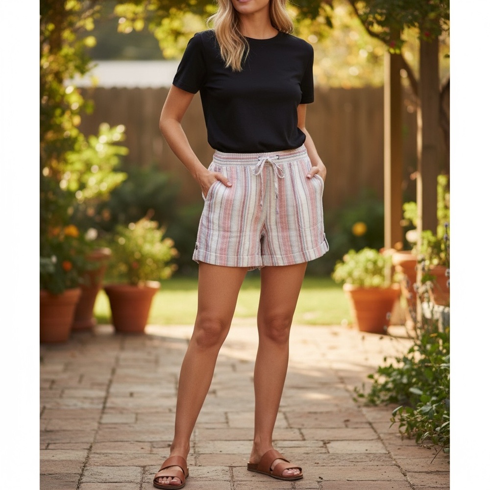 Per Se Stripe Linen Shorts Size Large